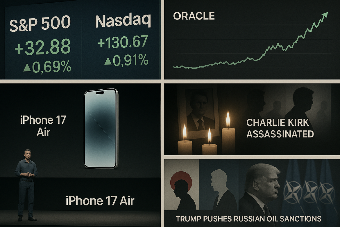 The past week delivered a mix of market gains, corporate surprises, and political upheavals across the globe. US equities posted their strongest performance in weeks, while Oracle’s cloud backlog announcement sent its stock soaring. In politics, the assassination of Charlie Kirk shocked Washington, Apple unveiled its latest iPhone lineup, and leadership changes in Japan and France underscored rising instability abroad. Meanwhile, President Trump pushed for broader sanctions on Russian oil, highlighting the ongoing geopolitical stakes shaping markets.US markets close higher for the weekU.S. equities closed the week on a strong note, marking the best performance for the S&P 500 since early August. The index rose 1.6% week-to-date, securing its fifth positive week in six. The Nasdaq advanced 2%, notching its second consecutive weekly gain, while the Dow climbed 1%, breaking a three-week losing streak.Tech, Utilities, and Communication Services sectors led the rally, with the S&P 500 Information Technology index advancing 1.91%. Oracle stood out, surging 25% during the week, while Micron gained 23%. Investors now await the Federal Reserve’s September 17 meeting, where futures markets point with near certainty to a quarter-point interest rate cut.Oracle soars on cloud backlog Oracle shares spiked after the software giant revealed its <a href="https://invezz.com/news/2025/09/10/oracle-stock-jumps-31-on-455b-cloud-backlog-analysts-cautiously-bullish/">cloud backlog had ballooned to $455 billion</a>. The company forecast that booked revenue from cloud services would surpass half a trillion dollars in the coming months.This announcement overshadowed a set of quarterly results that narrowly missed expectations. Adjusted earnings per share came in at $1.47, just below consensus estimates of $1.48, while revenue of $14.9 billion grew 12% year-on-year but fell short of forecasts. Despite muted near-term guidance, investor focus shifted to long-term growth prospects anchored by the surge in remaining performance obligations.Political shock: Charlie Kirk assassinatedA wave of political shock swept across the US <a href="https://invezz.com/news/2025/09/11/a-dark-moment-for-america-trump-blames-radical-left-for-killing-of-charlie-kirk/">following the assassination of conservative activist and presidential aide Charlie Kirk</a>, who was fatally shot during an event at Utah Valley University. Authorities later confirmed the arrest of suspect Tyler Robinson, a resident of southern Utah. Trump announced Kirk would be posthumously awarded the Presidential Medal of Freedom. Bipartisan condemnation of the killing has underscored rising concerns about political violence in the US.Apple unveils iPhone 17 lineupApple <a href="https://invezz.com/news/2025/09/09/apple-event-2025-delivers-iphone-17-series-ultra-thin-air-model-check-prices-images-here/">unveiled the iPhone 17 series</a>, headlined by the ultra-thin iPhone 17 Air. At just 5.6mm thick, the model has drawn attention for its engineering feat and $999 price point, positioned between the standard iPhone 17 ($799) and Pro models ($1,099+).The event also featured AirPods Pro 3, offering double the active noise cancellation and live translation through Apple Intelligence, alongside the Apple Watch Series 11 and redesigned Ultra 3. Pre-orders began September 12, with general availability starting September 19.Leadership shake-ups in Japan and France<a href="https://invezz.com/news/2025/09/08/the-ishiba-exit-a-shock-resignation-plunges-japans-future-into-deep-uncertainty/">Japan’s Prime Minister Shigeru Ishiba announced his resignation</a> following electoral setbacks and growing internal party rebellion, ending a brief tenure marked by political instability. The decision has set off a race to determine his successor, deepening uncertainty in the world’s fourth-largest economy.In France, <a href="https://invezz.com/news/2025/09/08/france-pm-francois-bayrou-resigns-after-losing-confidence-vote-macron-faces-deadlock/">Prime Minister François Bayrou lost a confidence vote and resigned</a>, becoming the second PM to fall during Emmanuel Macron’s presidency. President <a href="https://invezz.com/news/2025/09/09/macron-appoints-sebastien-lecornu-as-new-french-prime-minister-amid-budget-standoff/">Macron appointed Defense Minister Sebastien Lecornu as the new prime minister</a>, his fifth appointee in just two years.Trump pushes for broader sanctions on Russian oilPresident Donald Trump signaled readiness to impose “major” sanctions on Russian oil, <a href="https://invezz.com/news/2025/09/13/trump-says-us-will-sanction-russian-oil-if-nato-stops-buying-it/">contingent on unified NATO participation</a>. The <a href="https://invezz.com/news/2025/09/12/us-plans-to-urge-g7-countries-to-impose-tariffs-on-china-india-over-russian-oil/">US is also pressing G7 allies to adopt tariffs of up to 100% on Chinese and Indian imports </a>of Russian crude while also proposing a framework for seizing Russian sovereign assets to support Ukraine.The post <a href="https://invezz.com/news/2025/09/13/weekly-wrap-markets-rally-charlie-kirk-murder-iphone-17-launch-and-pms-resign/">Weekly wrap: markets rally, Charlie Kirk murder, iPhone 17 launch and PMs resign</a> appeared first on <a href="https://invezz.com/">Invezz</a> Weekly wrap: markets rally, Charlie Kirk murder, iPhone 17 launch and PMs resign