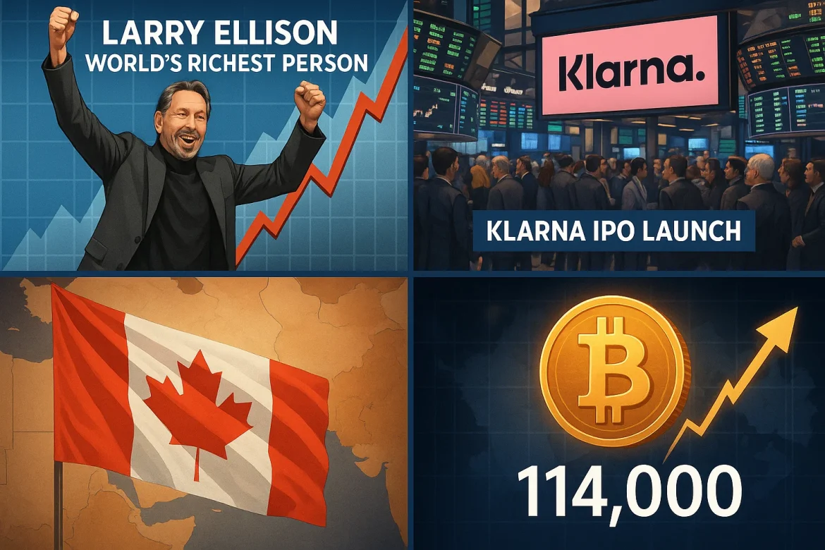 Wednesday brought a cascade of change across global markets and power structures.Oracle’s Larry Ellison quietly ascended to the world’s wealthiest throne, displacing Elon Musk, while Klarna’s spectacular $1.37 billion NYSE debut reminded investors that fintech still has magic.Meanwhile, diplomatic tensions simmered as Canada reconsidered its Israel relationship following Qatar airspace violations, and Bitcoin soared past $114,000 on encouraging inflation data.<strong>A glance at the biggest stories capturing attention today.</strong>Ellison becomes world’s richest manOracle co-founder Larry Ellison has overtaken Elon Musk to become the world’s richest person, following a jaw-dropping $101 billion jump in his net worth in just one day.According to the Bloomberg Billionaires Index, Ellison’s fortune now stands at $393 billion, surpassing Musk’s $385 billion.The staggering rise came after Oracle reported blockbuster quarterly results, sending its shares up 41%, the largest single-day jump in the company’s history.Strong bookings in its cloud infrastructure segment and robust growth in AI-related services fueled investor enthusiasm and drove the rally.At 81, Ellison continues to serve as Oracle’s chairman and chief technology officer, with the bulk of his wealth still tied to the software giant.His long-standing leadership and Oracle’s expanding footprint in cloud computing have played a key role in the surge.Musk’s nearly year-long streak as the world’s richest now comes to an end amid a 13% drop in Tesla’s stock this year.That said, Musk’s ambitions remain undiminished, with analysts noting that he could still become the world’s first trillionaire if Tesla hits its aggressive future targets. <a href="https://invezz.com/news/2025/09/10/larry-ellison-surpasses-elon-musk-as-worlds-richest-person-after-oracle-surge/">Read full report here</a>Klarna’s blockbuster Wall Street debutSwedish fintech powerhouse Klarna made its much-anticipated entrance on the New York Stock Exchange on Wednesday, and it didn’t disappoint.The buy-now-pay-later firm raised $1.37 billion in its IPO, pricing shares at $40 each, comfortably above the $35 to $37 range analysts had expected, bringing its valuation to around $15 billion.This offering is the largest IPO in the US this year and comes as investors show renewed appetite for fintech businesses navigating changing consumer habits.Since its founding in 2005, Klarna has expanded rapidly, now serving more than 100 million users and teaming up with 720,000 retailers worldwide, including Walmart Canada.The company plans to broaden its suite of services in the US, introducing debit cards and personal deposit accounts as it looks to take on traditional banks while tapping into the growing demand for flexible payment solutions.Trading will begin under the ticker “KLAR,” and with its strong debut, Klarna looks set to be one of the fintech stories to watch this year. <a href="https://invezz.com/news/2025/09/10/klarna-joins-ipo-wave-with-15-1b-valuation/">Read full report here. </a>Canada to reassess relations with IsraelThe sound of diplomatic doors quietly closing can sometimes be heard across continents.This week, that sound echoed from Ottawa to Jerusalem as Canada announced it would reassess its relationship with Israel following a controversial airstrike that has sent shockwaves through Middle Eastern diplomacy.The incident that sparked this diplomatic reckoning occurred in Qatar’s capital, Doha, where Israeli forces targeted Hamas leaders in what Canadian Foreign Minister Anita Anand condemned as an “unacceptable” breach of sovereignty.The strike, which pierced Qatari airspace and claimed lives, has particularly stung because Qatar had been serving as a crucial mediator in peace efforts, a role that requires the delicate trust of all parties involved.Bitcoin regains $114,000 levelIn the digital realm where fortunes rise and fall with the flicker of a screen, September 10 will be remembered as one of those days when hope outweighed fear.Bitcoin, the flagship of cryptocurrencies, soared past $114,000, its highest perch in two weeks, as investors found reason to believe that economic winds might finally be shifting in their favor.The catalyst came from an unlikely source: a government report that, for once, delivered better news than expected.The US Producer Price Index dropped 0.1% month-over-month, a figure that landed well below economists’ predictions and offered a collective sigh of relief to markets that have been holding their breath over inflation concerns.The post <a href="https://invezz.com/news/2025/09/10/evening-digest-ellison-tops-elon-musk-klarna-shines-bitcoin-regains-key-level/">Evening digest: Ellison tops Elon Musk, Klarna shines, Bitcoin regains key level</a> appeared first on <a href="https://invezz.com/">Invezz</a> Evening digest: Ellison tops Elon Musk, Klarna shines, Bitcoin regains key level