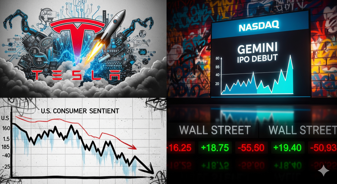 Markets ended the week with a mix of corporate developments, economic data, and breaking news shaping investor sentiment. Tesla shares’ sharp rebound, weakening US consumer confidence, the capture of a high-profile murder suspect, Gemini’s upcoming stock debut, and fresh moves in US equities all made headlines Friday.Tesla stock surges on optimism<a href="https://invezz.com/news/2025/09/12/tesla-stock-is-skyrocketing-7-today-as-tesla-chair-backs-musk-as-generational-leader/">Tesla shares climbed more than 7% on Friday</a>, reversing recent weakness and signaling renewed investor confidence despite ongoing concerns over sluggish vehicle sales and stretched valuations. The rally also comes as Chief Executive Elon Musk shifts strategic focus toward artificial intelligence and robotics, raising questions about the company’s long-term direction.Tesla Chair Robyn Denholm publicly defended Musk’s leadership in a Bloomberg TV interview, calling him a “generational leader.” Denholm noted that while Musk may not remain CEO indefinitely, the board has considered alternative roles, such as chief product officer, under a proposed compensation package potentially worth $1 trillion. The plan, announced last week, is set for a shareholder vote in November.US consumer confidence weakens<a href="https://invezz.com/news/2025/09/12/us-consumer-confidence-drops-again-in-september-as-inflation-fears-mount/">US consumer sentiment fell for a second consecutive month in September</a>, highlighting growing household concerns about economic conditions. The University of Michigan’s preliminary Consumer Sentiment Index dropped to 55.4 from 58.2 in August, below market expectations of 58.The decline reflects a 4.8% month-over-month drop, partially reversing summer gains. Joanne Hsu, director of the Surveys of Consumers, said households remain worried about business conditions, labor markets, and inflation. Reports of personal finances also eased, with both current and expected measures declining by about 8%.Suspect arrested in Charlie Kirk murderAuthorities announced Friday that <a href="https://invezz.com/news/2025/09/12/charlie-kirks-murder-suspect-is-in-custody-trump-says-with-a-high-degree-of-certainty/">a suspect has been arrested in connection with the fatal shooting of conservative activist Charlie Kirk</a> at Utah Valley University earlier this week. President Donald Trump confirmed the arrest during a Fox News segment.The suspect, identified as 22-year-old Tyler Robinson from Washington County, Utah, was taken into custody following a manhunt that included the release of security footage and a public appeal for assistance. Robinson had been living with his family in southern Utah.Gemini makes splashy Nasdaq debutIn a milestone for the digital asset sector, Gemini is set to list on the Nasdaq following a heavily oversubscribed initial public offering. The <a href="https://invezz.com/news/2025/09/12/gemini-stock-to-debut-on-nasdaq-after-20x-oversubscribed-425m-ipo/">cryptocurrency exchange raised $425 million at $28 per share</a>, pricing its IPO above earlier expectations.Founded in 2014 by Cameron and Tyler Winklevoss, Gemini’s strong investor demand underscores rising confidence in established players within the crypto space. The offering was oversubscribed by 20 times, highlighting robust institutional and retail interest ahead of the listing.US markets close mixedU.S. equities ended the week with a mixed performance as investors assessed economic signals ahead of the Federal Reserve’s policy decision next week.The Nasdaq Composite rose 0.4% and hit a new high, led by Tesla’s sharp gains. The S&P 500 fell 0.05%, while the Dow Jones Industrial Average fell 273 points, or 0.6%. Market participants interpreted weakening labor data and softer inflation trends as signs that the Fed may cut interest rates in the near term.The post <a href="https://invezz.com/news/2025/09/12/us-digest-tesla-surge-consumer-sentiment-dips-gemini-makes-debut/">US digest: Tesla surge, consumer sentiment dips, Gemini makes debut</a> appeared first on <a href="https://invezz.com/">Invezz</a> US digest: Tesla surge, consumer sentiment dips, Gemini makes debut
