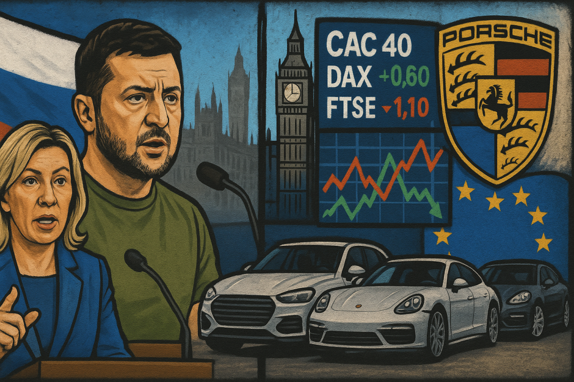 European and global markets navigated a mix of geopolitical tensions and corporate earnings on Friday, with Russia promising retaliatory measures against new EU sanctions, Ukrainian President Volodymyr Zelenskyy calling for enhanced strike capabilities, and major companies reporting earnings updates. Investors reacted cautiously to these developments alongside recent <a href="https://invezz.com/news/2025/10/24/us-inflation-edges-up-to-3-in-september-slightly-below-expectations/">US inflation data</a>.Russia vows retaliation against EU sanctionsRussian Foreign Ministry spokeswoman Maria Zakharova announced on Friday that Moscow would respond to the latest round of European Union sanctions with “effective and tough measures.” Zakharova criticized Brussels’ approach, arguing that the EU continues a “suicidal course” that isolates it internationally.The sanctions, officially adopted by the EU on Thursday, constitute the bloc’s 19th package targeting Russia’s gas exports. Zakharova suggested that these measures are unlikely to pressure Russia effectively, and Moscow is preparing counteractions in response.Zelensky calls for more deep strike capabilitiesMeanwhile, Ukrainian President Volodymyr Zelenskyy emphasized the need for increased military support to pressure Russia. Speaking at the Coalition of the Willing meeting in London, Zelensky highlighted the importance of advanced weapons, including Tomahawk missiles, Storm Shadow and SCALP missiles, as well as drones and rockets produced jointly with allies.Zelensky argued that Russian President Vladimir Putin responds only to substantial pressure, noting that prior discussions on the possibility of Tomahawk strikes prompted Moscow to signal willingness to restart talks. Zelensky pointed out that Russia abandoned diplomacy once pressure subsided, asserting that Moscow does not aim to end the war.European markets end mixed amid inflation and earningsEuropean stock markets closed largely mixed on Friday, as investors digested new corporate results and US inflation data. The annual inflation rate in the United States rose slightly to 3% in September, below forecasts, contributing to cautious investor sentiment.Key corporate earnings in Europe were notable: NatWest’s total income rose 15.7% to £4.3 billion, Eni’s net profit climbed 59% to €865 million, and Sanofi reported net sales of €12.43 billion, up 7% year-over-year. Spanish producer prices edged up 0.3% in September, while Eurozone business activity continued improving in October.Market closes were mixed: the CAC 40 and DAX ended flat, while the EURO STOXX 50 rose 0.11% with Siemens Energy AG climbing 4.98%. The FTSE 100 gained 0.64% as NatWest Group PLC advanced 4.91%. Currency movements were relatively muted, with the euro trading flat at $1.16201 and the pound slipping 0.22% to $1.32930 against the US dollar.Porsche reports revenue drop amid market challengesPorsche AG Group reported sales revenue of €2.7 billion for the first nine months of 2025, a 6% decline from the same period in 2024. Operating profit for the period reached €40 million, impacted by extraordinary expenses related to product strategy realignment, challenging market conditions in China, and US import tariffs.Vehicle deliveries also fell 6% year-over-year to 212,509 units. Despite these challenges, Porsche maintains its 2025 group sales revenue forecast at €37–38 billion, factoring in the 15% US tariffs introduced on August 1. The company indicated that ongoing strategic adjustments and market conditions will influence performance for the remainder of the year.The post <a href="https://invezz.com/news/2025/10/24/europe-bulletin-zelensky-calls-for-more-weapons-russia-warns-against-eu-sanctions/">Europe bulletin: Zelensky calls for more weapons, Russia warns against EU sanctions</a> appeared first on <a href="https://invezz.com/">Invezz</a> Europe bulletin: Zelensky calls for more weapons, Russia warns against EU sanctions