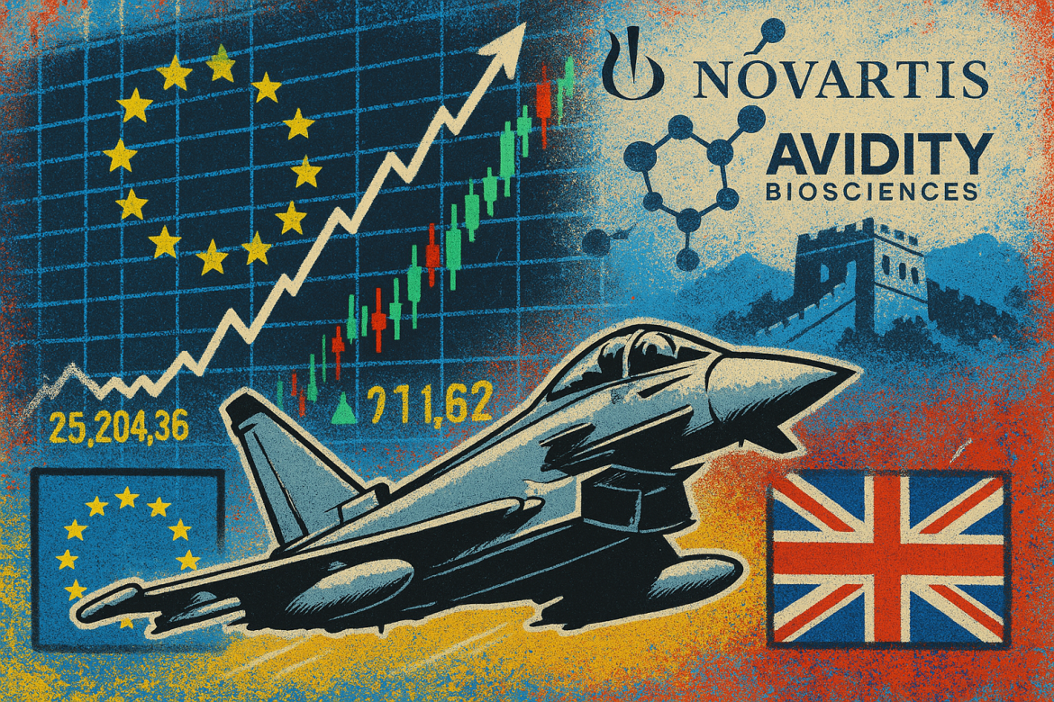 European markets opened the week on a cautiously optimistic note, closing mostly higher on Monday as investors weighed key geopolitical and corporate developments ahead of major central bank policy decisions. A landmark defense deal between the United Kingdom and Turkey, diplomatic tensions between London and Beijing, and Novartis’ $12 billion acquisition of Avidity Biosciences dominated headlines across the region.UK and Turkey seal $11 billion Eurofighter jet dealBritish Prime Minister Keir Starmer announced that the UK and Turkey have finalized a defense agreement for the sale of Eurofighter Typhoon jets worth nearly $11 billion. Speaking alongside Turkish President Recep Tayyip Erdogan in Ankara, Starmer emphasized the economic and strategic importance of the deal.“This is a really significant deal, because it’s £8 billion ($10.7 billion) worth of orders… these are jobs that will last for 10 years, making the Typhoons, so really big for our country,” Starmer said, according to Agence France-Presse (AFP).Under the agreement, Turkey will receive 20 Eurofighter Typhoon jets, a move expected to strengthen NATO’s southern defense capabilities. The aircraft, jointly produced by companies from the UK, France, Germany, Italy, and Spain, is regarded as one of Europe’s premier air-superiority fighters.European markets close higher ahead of Fed, ECB decisionsEuropean equities ended modestly higher as investors awaited interest rate decisions from the US Federal Reserve and the European Central Bank later this week. Both institutions’ policy outcomes are expected to influence global sentiment and risk appetite.At the close, France’s CAC 40 rose 0.16%, led by a 2.01% gain in Schneider Electric. The EURO STOXX 50 advanced 0.63% with Prosus NV up 2.87%, while Germany’s DAX added 0.31%, supported by Infineon Technologies’ 2.37% rise. The UK’s FTSE 100 finished flat.In currency markets, the euro edged up 0.12% to $1.1640, and the British pound gained 0.16% to $1.3337 against the US dollar at 5:34 p.m. CET.Ukraine will expand long-range strikes, says ZelenskyyUkrainian President Volodymyr Zelenskyy said Russia’s oil refining sector is “paying a tangible price” amid intensified Ukrainian strikes. He pledged to expand the use of long-range capabilities, signaling deeper incursions into Russian territory.Zelensky also revealed that Kyiv and its allies are preparing a new plan for a potential ceasefire with Russia while emphasizing the continued need for long-range weapons to sustain military pressure.China condemns UK sanctions on Chinese firmsBeijing criticized the UK’s new Russia-related sanctions targeting 11 Chinese companies, calling the move a “mistake” and warning of possible countermeasures.China’s Ministry of Commerce urged London to “immediately correct its mistake,” insisting that its firms have strictly controlled exports of dual-use goods and that normal cooperation with Russia “should not be interfered with.”Novartis CEO defends Avidity deal Swiss drugmaker Novartis announced plans to acquire Avidity Biosciences Inc. in a $12 billion all-cash transaction, valuing the US-based biotech firm at $72 per share.The acquisition underscores Novartis’ commitment to expanding into RNA-based therapeutics and rare disease treatments. <a href="https://invezz.com/news/2025/10/27/is-it-too-late-to-buy-avidity-stock-after-novartis-deal/">Avidity shares surged 42% on Monday</a>, while Novartis stock slipped 0.8% as investors weighed the steep premium.Novartis CEO Vas Narasimhan defended the move as “an appropriate risk to take,” noting that Avidity’s proprietary AOC™ platform offers a differentiated approach to neuromuscular diseases such as facioscapulohumeral muscular dystrophy.The post <a href="https://invezz.com/news/2025/10/27/europe-bulletin-uk-turkey-jet-deal-market-gains-and-novartis-12b-rna-bet/">Europe bulletin: UK-Turkey jet deal, market gains, and Novartis’ $12B RNA bet</a> appeared first on <a href="https://invezz.com/">Invezz</a> Europe bulletin: UK-Turkey jet deal, market gains, and Novartis’ $12B RNA bet