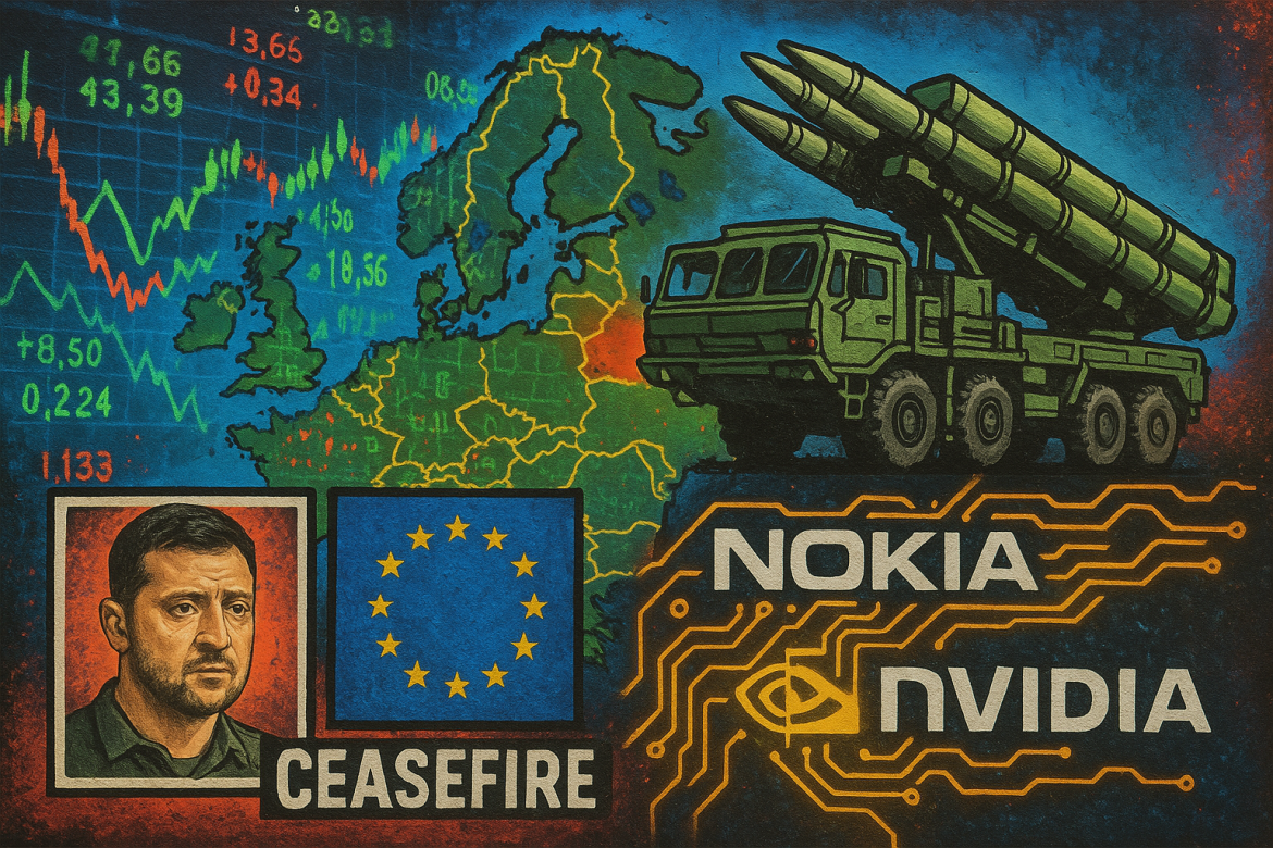 European markets saw a mix of geopolitical developments and corporate activity on Tuesday, as Belarus confirmed plans to deploy a new Russian-made missile system, while investors monitored central bank policy decisions and quarterly earnings from major firms. In the corporate sector, Nokia shares surged on a $1 billion investment from Nvidia, and European officials prepared for fresh discussions on a possible ceasefire in Ukraine.Belarus to deploy Russian Oreshnik missile system in DecemberBelarus will place Russia’s Oreshnik missile system on combat duty in December, according to presidential press secretary Natalia Eismant, who confirmed the announcement to TASS on Tuesday.“The process of creating conditions for the deployment of the Oreshnik in the Republic of Belarus is coming to an end. Any discussion about whether or not the Oreshnik will be deployed is now over,” Eismant said.Earlier this year, Belarusian President Alexander Lukashenko said the intermediate-range ballistic missile would be deployed following an agreement with Moscow. Russian President Vladimir Putin has described the Oreshnik as a cutting-edge system now in serial production.The missile was reportedly used by Russia in November last year to strike a facility in Dnipro, Ukraine, marking its first confirmed operational use.European markets close mixed ahead of central bank decisionsMajor stock indexes across Europe closed mixed on Tuesday, as investors awaited monetary policy decisions from both the European Central Bank (ECB) and the US Federal Reserve later this week.Data indicated that German consumer confidence is likely to deteriorate in November, reflecting growing concern over inflation and slowing economic growth.At the close of trading, Germany’s DAX index was flat, while the UK’s FTSE 100 rose 0.51%, boosted by Airtel Africa PLC, which jumped 15.83%. France’s CAC 40 fell 0.28%, and the EURO STOXX 50 slipped 0.11%, weighed down by a 4.10% decline in BNP Paribas shares.In the currency markets, the euro gained 0.15% against the U.S. dollar, trading at $1.16612 at 5:33 p.m. CET. Meanwhile, the British pound fell 0.37% to $1.32850.Nokia shares jump over 20% on Nvidia’s $1B investmentNokia Corporation’s stock soared more than 20% on Tuesday after the Finnish telecommunications<a href="https://invezz.com/news/2025/10/28/nvidia-to-invest-1b-in-nokia-to-accelerate-ai-and-networking-collaboration/"> company announced a $1 billion equity investment from Nvidia Corporation.</a>Under the agreement, Nokia will issue 166,389,351 new shares to Nvidia at a price of $6.01 (€5.16) per share, equivalent to approximately €860 million. The shares will be delivered in the form of American Depositary Shares, giving Nvidia a 2.9% stake in Nokia.Nokia said the investment will help fund its efforts to strengthen “trusted connectivity for the artificial intelligence supercycle” and further develop its 5G and 6G Radio Access Network (RAN) software on Nvidia’s architecture.Nokia’s Helsinki shares closed at $6.59, up by 20.86%. Ukraine and EU officials to discuss ceasefire frameworkUkrainian President Volodymyr Zelensky said on Tuesday that Ukrainian and European officials will meet later this week to discuss details of a potential ceasefire framework.“Our advisers will meet in the coming days, we agreed on Friday or Saturday. They will discuss the details of this plan,” Zelensky said during a meeting with Dutch Foreign Minister David van Weel.Zelensky emphasized that the discussions are focused on achieving a ceasefire rather than a broader peace plan. The announcement followed comments in an Axios interview in which Zelensky said Ukraine would work with its partners on the plan “in the next ten days.”Poland to reopen two border crossings with BelarusPolish Prime Minister Donald Tusk announced that Poland is prepared to reopen two border crossings with Belarus in November — Bobrowniki and Kuznica.Speaking at the EU’s Border Cohesion and Development Forum in Bialystok, Tusk said the reopenings would be “on a trial basis” and emphasized coordination with Lithuania before any final decision is made.Tusk added that the Polowce crossing would remain closed for now due to an existing military camp in the area.The decision marks a cautious step toward restoring limited border operations amid ongoing regional tensions.The post <a href="https://invezz.com/news/2025/10/28/europe-bulletin-belarus-deploys-russian-missiles-nokia-surges-on-nvidia-deal/">Europe bulletin: Belarus deploys Russian missiles, Nokia surges on Nvidia deal</a> appeared first on <a href="https://invezz.com/">Invezz</a> Europe bulletin: Belarus deploys Russian missiles, Nokia surges on Nvidia deal
