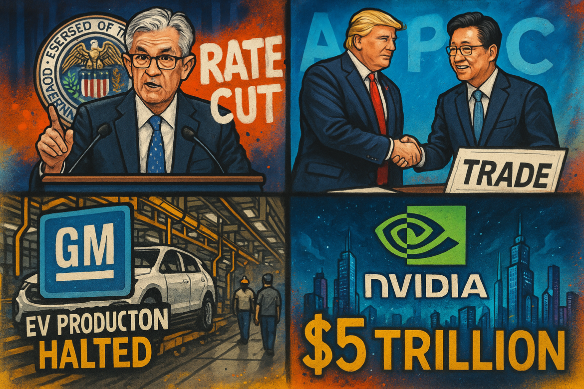 On Wednesday, the Federal Reserve delivered its second consecutive rate cut amid economic uncertainty, President Donald Trump finalized a landmark trade deal with South Korea, General Motors announced sweeping EV layoffs, and Nvidia became the first company in history to hit a $5 trillion market valuation. Fed cuts rates, ends QT program The Federal Reserve approved its second straight interest rate cut on Wednesday, lowering the benchmark <a href="https://invezz.com/news/2025/10/29/fed-delivers-quarter-points-rate-cut-amid-data-uncertainty/">federal funds rate by 25 basis points to a range of 3.75%–4%. </a>The decision, supported by a 10–2 vote, came despite limited economic visibility due to the ongoing government shutdown, which has suspended key data releases such as nonfarm payrolls and retail sales.The Fed also announced plans to end its quantitative tightening (QT) program on December 1, halting the balance sheet reduction process that has already shrunk holdings by $2.3 trillion since 2022. Governor Stephen Miran dissented in favor of a larger half-point cut, while Kansas City Fed President Jeffrey Schmid opposed any reduction, citing persistent inflation and economic strength.Chair Jerome Powell said the economic outlook “has not changed much since September,” despite delayed federal data, and cautioned that another rate cut in December “is not a foregone conclusion.” US–South Korea trade deal secures $350 Billion investment commitmentThe <a href="https://invezz.com/news/2025/10/29/us-and-south-korea-near-completion-of-major-trade-deal-worth-350b/">United States and South Korea finalized the key details of a long-awaited trade agreement </a>during a meeting between Presidents Donald Trump and Lee Jae Myung at the APEC Summit in Gyeongju.The deal reduces tariffs on South Korean automobiles from 25% to 15%, matching Japan’s rate, and includes tariff adjustments on semiconductors to boost competitiveness against Taiwan.A major highlight is $350 billion in South Korean investments in the US economy — $200 billion in cash and $150 billion through shipbuilding cooperation. Investments will be capped at $20 billion annually to protect South Korea’s foreign exchange stability.Trump hailed the agreement as “pretty much finalized,” calling discussions “determined and tremendous.” Ceremonial diplomacy also marked the event, as President Lee awarded Trump South Korea’s Grand Order of Mugunghwa.GM cuts 5,500 jobs as EV market weakens after tax credit removalGeneral Motors Co. is laying off <a href="https://invezz.com/news/2025/10/29/gm-to-lay-off-over-5500-workers-amid-slowing-ev-demand-and-tax-credits-end/">approximately 5,500 workers across its US electric vehicle and battery plants</a> as it scales back production amid slowing demand.The largest impact is at Detroit’s Factory Zero, which builds the Chevrolet Silverado EV, GMC Sierra EV, and Hummer EV. Of the 3,400 furloughed workers, 1,200 will return in January on a single shift, while 2,200 remain indefinitely laid off.Additional layoffs include 1,400 workers in Warren, Ohio, and 710 in Spring Hill, Tennessee. GM spokesperson Kevin Kelly said most of the Tennessee layoffs are temporary, while some Ohio employees could return in May.The retrenchment follows the elimination of federal EV tax credits in September, which sharply reduced consumer affordability. GM took a $1.6 billion charge in Q3 and expects more write-downs as it reevaluates its $35 billion EV investment strategy.Nvidia hits $5 Trillion valuation as AI investment surges<a href="https://invezz.com/news/2025/10/29/nvidia-stock-soars-toward-5-trillion-valuation-as-ai-tailwinds-persist/">Nvidia (NASDAQ: NVDA) surged nearly 3%</a> on Wednesday, becoming the first company in history to reach a $5 trillion market capitalization.The milestone followed CEO Jensen Huang’s announcement of $500 billion in AI chip bookings and plans to build seven new supercomputers for the US Department of Energy, powered by over 100,000 Blackwell GPUs.Nvidia now accounts for over 7% of the S&P 500, underscoring its dominance in the global semiconductor industry.The broader AI spending boom is driving record demand, with Microsoft, Amazon, Google, and Meta expected to invest up to $360 billion in AI infrastructure in 2025 — solidifying Nvidia’s leadership in the ongoing AI arms race.The post <a href="https://invezz.com/news/2025/10/29/us-digest-fed-cuts-rates-again-nvidia-hits-5t-milestone-us-south-korea-deal/">US digest: Fed cuts rates again, Nvidia hits $5T milestone, US South Korea deal</a> appeared first on <a href="https://invezz.com/">Invezz</a> US digest: Fed cuts rates again, Nvidia hits $5T milestone, US South Korea deal