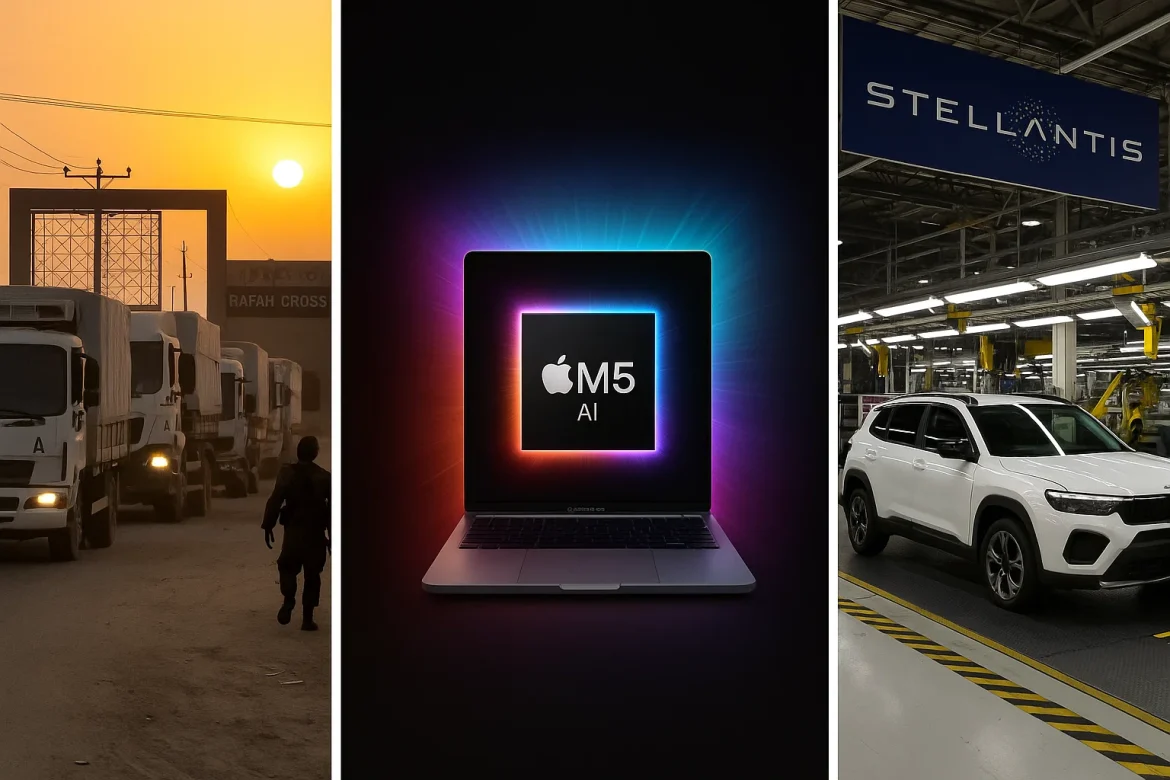 Wednesday came with major global and economic headlines as aid trucks finally rolled into Gaza, as tensions eased, and Israel reopened the Rafah crossing.In the US, Treasury Secretary Scott Bessent says market swings won’t shake trade talks with China.Apple’s new M5 chip is turning heads with big AI boosts, and Stellantis is betting $13 billion on reviving American manufacturing.A glance at major developments on Wednesday.Gaza residents receive aidAid trucks finally rolled into Gaza on Friday, after days of tension.Israel agreed to reopen the main Rafah crossing, which had been shut amid a dispute over the return of the bodies of deceased hostages, a disagreement that nearly derailed the fragile ceasefire with Hamas.Overnight, Hamas returned more bodies, paving the way for aid deliveries to resume.Around 600 trucks carrying food, medical supplies, fuel, and materials to repair basic infrastructure are expected to cross the border.Still, big challenges remain as Hamas hasn’t agreed to disarm, and the question of who will govern Gaza is unresolved.Meanwhile, the humanitarian crisis is worsening: almost the entire population has been displaced, and famine conditions are being reported.The reopening of Rafah is seen as a crucial step to get life-saving aid in and allow medical evacuations, all under international supervision.Trump administration on stock market decline due to the tussle with ChinaTreasury Secretary Scott Bessent made it clear that the <a href="https://invezz.com/news/2025/10/15/us-stock-market-plunge-will-not-stop-strong-actions-against-china-says-bessent/">recent ups and downs in the stock market won’t change the US government’s firm stance in trade talks with China.</a>Speaking at the <a href="https://www.cnbc.com/2025/10/15/treasury-secretary-bessent-stock-market-china.html">CNBC</a> <em>Invest in America</em> Forum, Bessent brushed off reports claiming that China expects the US economy to crack under prolonged trade tensions.He said the negotiations are focused on what’s best for the US economy, not on short-term market swings.Even with markets reacting to tariff threats and export restrictions, Bessent emphasized that the administration remains committed to solid, long-term economic policies, including major investments in artificial intelligence.He also noted that while President Trump certainly values a strong stock market, he sees it as the outcome of good policy, not the driver of it.Apple’s new M5 chip is hereApple unveiled its new <a href="https://invezz.com/news/2025/10/15/apple-unveils-m5-macbook-pro-ipad-pro-and-vision-pro-ahead-of-holiday-season/">14-inch MacBook Pro, and it’s powered by the all-new M5 chip, a serious upgrade.</a>The company says the M5 delivers up to 3.5 times faster AI performance and 1.6 times better graphics than the previous M4 chip.The chip packs a next-gen GPU with a Neural Accelerator built into every core, plus a 16-core Neural Engine designed to handle AI and machine learning tasks right on the laptop, no cloud needed.The users will get up to 24 hours of battery life, twice the SSD speed, and a whopping 150GB/s of memory bandwidth.The MacBook Pro runs on macOS Tahoe, which comes loaded with new AI-driven features. Prices start at ₹1,69,999, and it hits stores on October 22.Stellantis announces $13 billion US investmentsStellantis is going big on its US manufacturing comeback, as the company just announced a massive $13 billion investment plan over the next four years under CEO Antonio Filosa.The goal? To boost vehicle production by 50% and add more than 5,000 new jobs across factories in Michigan, Illinois, Indiana, and Ohio.As part of the plan, Stellantis will roll out five new models, including a midsize truck built in Toledo and a refreshed Dodge Durango coming out of Detroit.The company also plans to reopen its Belvidere plant to produce new Jeep models.The investment isn’t just about making more cars; it’s also fueling R&D and supplier partnerships to strengthen its US footprint.And while Stellantis shares are down about 24% this year, the automaker says it’s keeping its focus on long-term growth and staying aligned with America’s manufacturing push.The post <a href="https://invezz.com/news/2025/10/15/evening-digest-aid-flows-back-into-gaza-apples-m5-chip-stellantis-13b-bet/">Evening digest: aid flows back into Gaza, Apple’s M5 chip, Stellantis $13B America bet</a> appeared first on <a href="https://invezz.com/">Invezz</a> Evening digest: aid flows back into Gaza, Apple’s M5 chip, Stellantis $13B America bet