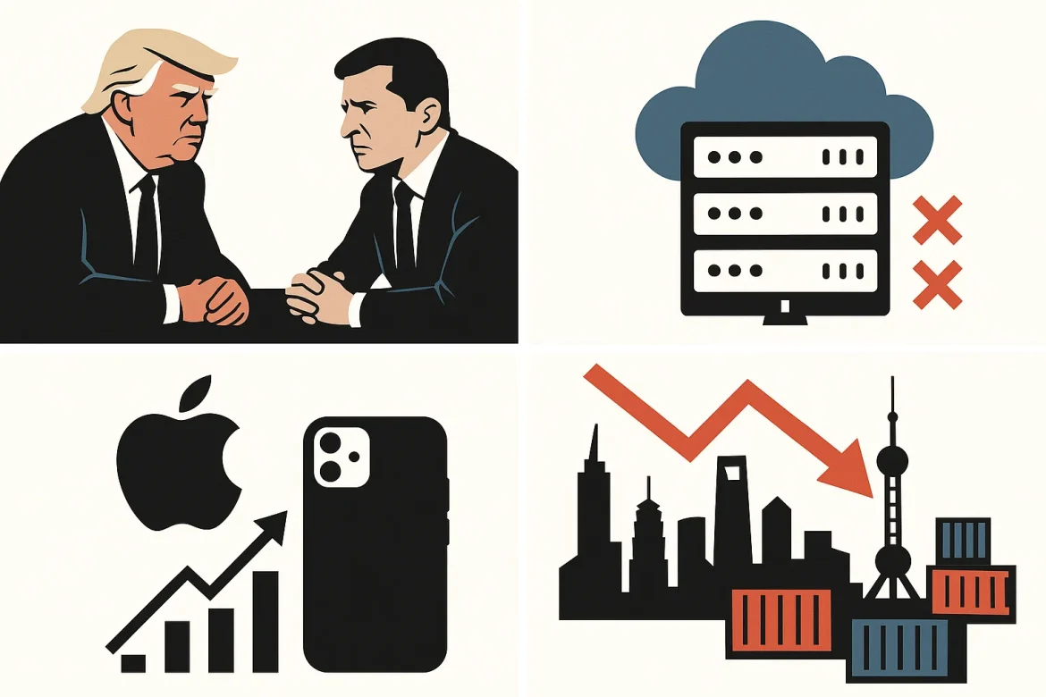 It’s been a volatile start to the week. A tense Trump-Zelenskyy meeting has shifted the tone on Ukraine peace talks, Amazon’s AWS outage broke parts of the internet, Apple is edging toward a record $4T valuation on iPhone strength, and China’s economy just posted its slowest growth in a year amid renewed trade tensions.Here’s what happened on Monday.Trump asks Zelenskyy to consider Russia’s termsAfter a tense sit-down with Ukrainian President Volodymyr Zelenskyy at the White House on Friday, US President Donald Trump appeared to soften his tone toward Russia’s Vladimir Putin.According to people familiar with the meeting, Trump pressed Zelenskyy to consider Russia’s terms for ending the war, <a href="https://invezz.com/news/2025/10/20/trump-proposes-splitting-ukraines-donbas-region-to-end-war/">including giving up the Donbas region</a> and warned that rejecting the proposal could mean Ukraine faces even worse consequences.Zelenskyy left Washington without getting any firm commitments from Trump. The US President reportedly stressed that fighting should stop along the current front lines, essentially freezing the conflict where it is.The exchange was said to have turned heated, even erupting into shouting at one point, underscoring how strained the talks were.Meanwhile, US and Russian officials are still in contact ahead of a Trump-Putin summit planned in Hungary, another sign that major diplomatic moves may be coming.AWS outage broke internetAmazon Web Services, Amazon’s massive cloud arm went down today, <a href="https://invezz.com/news/2025/10/20/amazon-web-services-outage-disrupts-users-across-the-united-states/">taking a bunch of websites and online services with it around the world.</a>The outage started late in the morning and lasted for hours, disrupting companies that depend on AWS to run their apps and services.Amazon confirmed the issue and said it stemmed from some kind of technical failure in their cloud systems.The fallout was huge: e-commerce platforms, financial services, streaming sites, all reported downtime, affecting millions of users.Amazon says it’s doing a full investigation to figure out what went wrong while engineers work to get everything fully back online.The incident is a reminder of just how much of the internet runs on a few big cloud providers and what can happen when one of them has a bad day.Apple near $4 trillion market cap<a href="https://invezz.com/news/2025/10/20/apple-becomes-2nd-most-valued-company-in-the-world-again/">Apple is inching toward a massive $4 trillion market cap</a>, thanks largely to the hype around the new iPhone 17.In its first 10 days on sale, the iPhone 17 has already outpaced the iPhone 16 by about 14% in major markets like the US and China.Analysts say the jump makes sense; the new model comes with a faster chip, a better display, more base storage, and a much-improved front camera, all without raising the starting price from last year’s model.Investors are clearly impressed. Apple’s stock climbed almost 3% on Monday, hitting all-time highs.Several investment firms have since bumped up their price targets, saying they expect Apple to keep climbing as this iPhone upgrade cycle plays out and demand stays strong.China’s growth slowsChina’s economy lost some steam in the third quarter of 2025, growing 4.8%, the slowest pace in about a year.The slowdown comes as the country continues to deal with a struggling property sector and rising trade tensions with the US.Just a quarter earlier, growth was stronger at 5.2%, so the pullback is noticeable.The latest flare-up in US–China tensions didn’t help: Beijing recently restricted exports of rare earth minerals, which broke an uneasy trade truce and prompted President Trump to threaten 100% tariffs on Chinese goods starting in November.Those tensions are already showing up in the numbers. Chinese exports to the US plunged 27% in September.But overall exports actually grew because Chinese firms have been redirecting sales to other parts of the world.The post <a href="https://invezz.com/news/2025/10/20/evening-digest-aws-outage-apple-near-4-trillion-mark-chinas-slow-growth/">Evening digest: AWS outage, Apple near $4 trillion mark, China’s slow growth</a> appeared first on <a href="https://invezz.com/">Invezz</a> Evening digest: AWS outage, Apple near $4 trillion mark, China’s slow growth