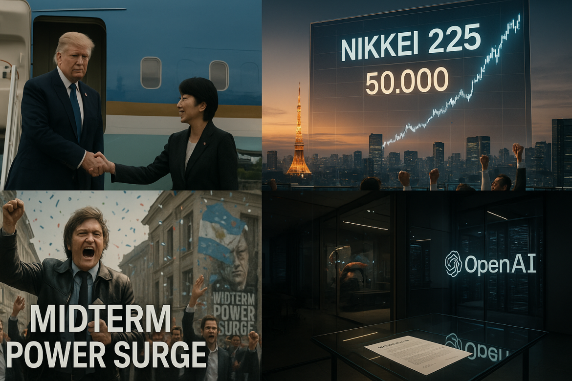 US President Donald Trump’s Asia trip is making major headlines on Monday as he is vising Japan, where he is expected to push for increased investments and defense cooperation.The Asian markets rejoiced at President Trump’s visit, as Japan’s Nikkei 225 index continued its bull run and crossed the 50,000-mark for the first time.In Argentina, President Javier Milei won the mid-term elections, shattering decades of Peronist dominance and securing enough congressional muscle to fast-track radical economic reforms.Softbank is following through with a fresh $22.5 billion payment to OpenAI, as part of a larger $30 billion investment in the tech company, and this time, and investment is tied to a condition.<strong>A glance at major news developments this morning.</strong>Trump heads for TokyoUS President Donald Trump departed Tokyo on Monday, the second stop on his Asia tour, where he’s pushing for more trade, investment, and defense cooperation.He will first meet Emperor Naruhito, and then sit down with Japan’s new Prime Minister, Sanae Takaichi, the country’s first woman to hold the office.At the top of the agenda: finalizing Japan’s pledge to invest $550 billion in the US, a deal that’s reportedly linked to Washington holding off on new tariffs against Japanese imports.Takaichi, who is closely aligned with former Prime Minister Shinzo Abe, has already said that strengthening ties with the US is her government’s “top priority.”Trump’s stop in Japan comes fresh off deals made in Malaysia, including a ceasefire agreement between Thailand and Cambodia.After Tokyo, he heads to South Korea for a high-stakes meeting with China’s President Xi Jinping, a summit many hope will help stop the US-China trade war from escalating any further.Japan’s Nikkei 225 crosses 50,000 markAsia-Pacific markets looked set to open on a strong note Monday after signs of real movement in US–China trade talks.Japan’s Nikkei 225 jumped more than 2% and, for the first time ever, crossed the 50,000 mark.The Topix index was up too, gaining about 1.6%. Futures in Hong Kong pointed to a higher open, and Australia’s ASX 200 started the day up about 0.5%.The upbeat mood follows news that US and Chinese negotiators reached a framework agreement on major trade issues during meetings in Malaysia, raising hopes that an eventual deal between President Trump and President Xi Jinping is within reach.US Treasury Secretary Scott Bessent said Trump’s threat of 100% tariffs on Chinese imports is “basically off the table” now.In return, China is expected to boost soybean imports and hold off on restricting rare-earth exports. The US, however, plans to keep its current export controls in place.Investor sentiment is also getting a lift from expectations that the Federal Reserve may cut interest rates soon, along with solid earnings from big tech companies.Milei gains power in ArgentinaJavier Milei scored a major win in Argentina’s midterm elections.His party, La Libertad Avanza, took 40.8% of the national vote, tripling its seats in Congress and breaking the long-running grip of Peronism in several key provinces.Milei called the outcome a “turning point” and said it gives him the mandate he needs to speed up his agenda of austerity, deregulation, and a much smaller state.With 101 seats in the lower house and 20 in the Senate, his coalition now has enough power to push big reforms and block any impeachment attempts.This was the strongest congressional backing Milei has ever received, even though voter turnout dipped below 70%. Markets and Washington welcomed the result.US President Donald Trump reaffirmed that $40 billion in American financial support is still on the table, but stressed it depends on Milei actually delivering the reforms he has promised.SoftBank’s $30B bet on OpenAISoftBank’s board has signed off on a second $22.5 billion payment to OpenAI, part of its massive $30 billion bet on the company, but there’s a catch.The cash only moves if OpenAI manages to shift to a for-profit structure by the end of the year.The investment is tied to a broader $41 billion funding round, and if the restructuring stalls, SoftBank’s commitment could shrink to about $20 billion instead.Investor enthusiasm has been fueled by OpenAI’s explosive revenue growth, from $3.7 billion last year to a run rate of about $12 billion by mid-2025.To fund the deal, SoftBank is using a mix of financing, including a $5 billion loan backed by Arm shares and a $2.9 billion bond issue.If the restructuring goes through, it would also clear the path for a future OpenAI IPO, positioning this as one of the biggest single investments ever made in the generative AI space.The post <a href="https://invezz.com/news/2025/10/27/morning-brief-trump-heads-to-japan-nikkei-breaks-50000-mark-softbanks-30b-openai-bet/">Morning brief: Trump heads to Japan, Nikkei breaks 50,000 mark, SoftBank’s $30B OpenAI bet</a> appeared first on <a href="https://invezz.com/">Invezz</a> Morning brief: Trump heads to Japan, Nikkei breaks 50,000 mark, SoftBank’s $30B OpenAI bet