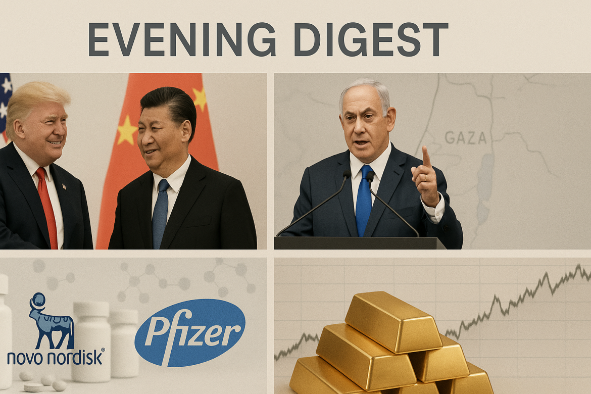 US President Trump wraps up his Asia tour with major trade and security announcements, while Israel’s Netanyahu issues a stern warning to Hamas over Gaza’s demilitarization.In business, Novo Nordisk escalates its bidding war with Pfizer for Metsera, shaking up the weight-loss drug market.Meanwhile, gold prices climb as the Federal Reserve holds interest rates steady, signaling investor caution amid economic uncertainty.<strong>A glance at the major developments on Thursday.</strong>Trump wraps up his Asia tripPresident Donald Trump called his meeting with Chinese President Xi Jinping a “truly great” one, saying it marked a <a href="https://invezz.com/news/2025/10/30/us-cuts-tariffs-on-china-to-47-in-new-pact-easing-trade-tensions/">real breakthrough in US-China relations.</a>He shared that China agreed to start buying large amounts of American farm products again, like soybeans and sorghum, something he said would give a strong boost to US farmers.Trump also mentioned that China plans to purchase American energy, possibly from Alaska, and that both countries’ energy teams will soon get together to work out the details.On top of that, China committed to helping the US tackle the fentanyl crisis.Wrapping up his Asia trip, Trump called it “historic” and said he’s confident these new agreements will lead to more prosperity and security for Americans.Netanyahu’s sharp warning to HamasIsraeli Prime Minister Benjamin Netanyahu doubled down on his vow to disarm Hamas and demilitarize Gaza, saying this goal will be met “the easy way or the hard way.”During his visits to joint US-Israeli ceasefire coordination centers, Netanyahu pointed out that Israel’s allies, including the United States, fully recognize its security responsibility in Gaza.He made it clear that getting rid of Hamas’s weapons remains a key part of the ceasefire plan put together with help from President Donald Trump.Netanyahu also issued a firm warning: if Hamas breaks the ceasefire, Israel will strike back hard.He emphasized that for Israel, Gaza’s demilitarization isn’t up for debate; it’s essential for the country’s long-term safety.Novo Nordisk races against Pfizer for MetseraNovo Nordisk has made a <a href="https://invezz.com/news/2025/10/30/obesity-drug-rivalry-heats-up-as-novo-nordisk-tops-pfizers-bid-for-metsera/">higher unsolicited bid to acquire obesity-focused biotech Metsera</a>, offering $56.50 per share upfront, valuing the company at $6.5 billion, with potential contingent payments adding up to $2.5 billion.This move challenges Pfizer’s earlier agreed deal for Metsera, intensifying competition in the weight-loss medication market. Metsera’s board has deemed Novo’s offer superior, triggering a four-day window for Pfizer to counter.Pfizer criticized Novo’s bid as “reckless” and an attempt to suppress competition.The bid reflects the high stakes in the growing obesity therapeutics sector, with Metsera’s innovative drug pipeline attracting strong interest.Gold prices surge<a href="https://invezz.com/news/2025/10/30/commodity-wrap-oil-eases-despite-us-china-trade-hopes-gold-flat-copper-falls/">Gold prices</a> jumped nearly 2% after the Federal Reserve decided to keep interest rates unchanged.The move sparked fresh optimism among investors, especially those looking at non-yielding assets like gold. Many see the Fed’s pause as a possible hint that monetary policy could be shifting, particularly given the current economic uncertainty.Analysts say the decision has made gold even more appealing as a safe-haven investment, and they expect prices could stay strong in the weeks ahead.The Fed also struck a cautious tone about future rate changes, which has taken some of the shine off the US dollar. That, in turn, has made gold even more attractive to buyers around the world.The post <a href="https://invezz.com/news/2025/10/30/evening-digest-trumps-asia-tour-ends-netanyahu-warns-hamas-novo-challenges-pfizer/">Evening digest: Trump’s Asia tour ends, Netanyahu warns Hamas, Novo challenges Pfizer</a> appeared first on <a href="https://invezz.com/">Invezz</a> Evening digest: Trump’s Asia tour ends, Netanyahu warns Hamas, Novo challenges Pfizer