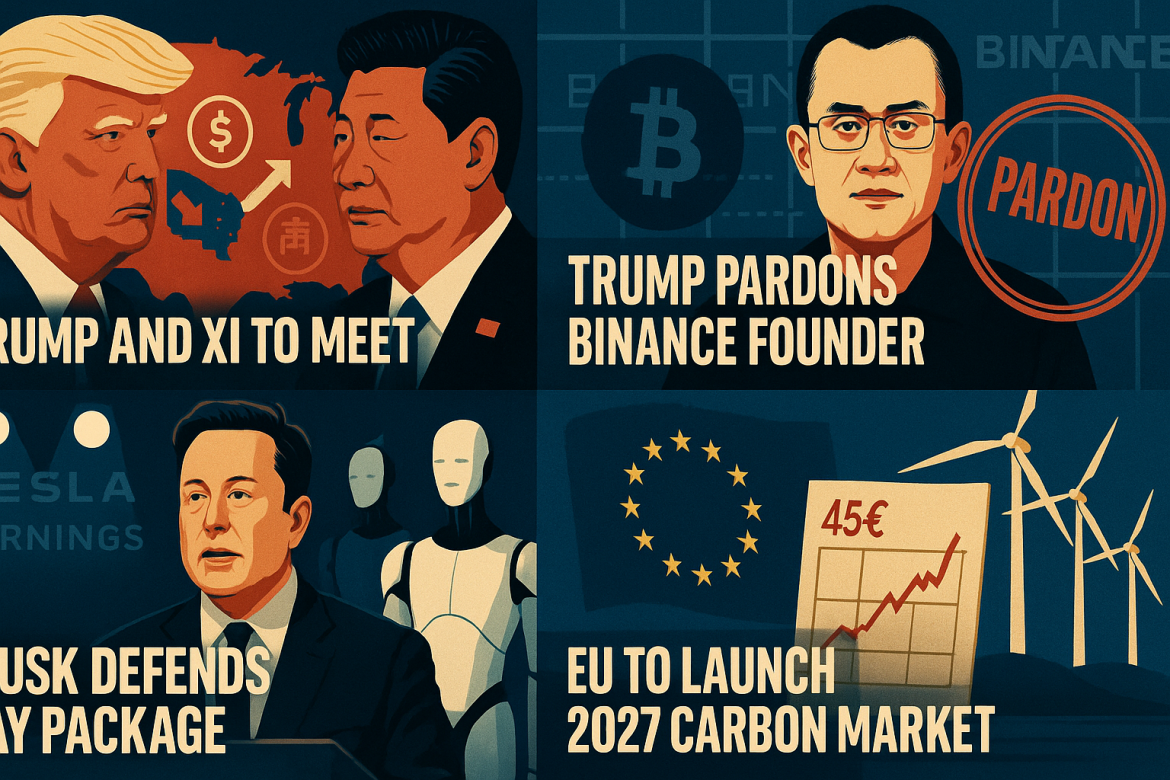 A packed Thursday news cycle saw fresh geopolitical and corporate flashpoints: Trump and Xi set a high-stakes meeting in South Korea amid a re-escalating trade war.Trump issued a controversial pardon to Binance founder CZ, and Elon Musk commandeered Tesla’s earnings call to defend a record-breaking pay deal.The EU moved ahead with a 2027 carbon market, implementing emergency price controls to mitigate public backlash.<strong>A glance at major developments on Thursday.</strong>Trump and Xi to meet in South Korea<a href="https://invezz.com/news/2025/10/23/trump-and-xi-to-meet-in-south-korea-on-october-30-as-us-china-trade-war-escalates/">US President Donald Trump and Chinese President Xi Jinping</a> are set to meet in Seoul on October 30, officials confirmed on Thursday, a meeting that comes just as tensions in the US-China trade war are heating up again.The summit will be hosted by South Korean President Lee Jae Myung and follows weeks of tariff hikes and finger-pointing over tech restrictions and export controls.In just the past few weeks, Washington slapped new tariffs on Chinese semiconductors and electric vehicles.Beijing hit back with limits on exports of key minerals. So it’s no surprise that trade, supply chain security, and regional stability are expected to dominate the talks.This will be the first time Trump and Xi have met in person since their short interaction at the G20 summit in Osaka back in 2019.The stakes are high; the meeting could reset the trajectory of the world’s most important economic relationship, or push it into even deeper conflict.Trump pardons Binance founder<a href="https://invezz.com/news/2025/10/23/trump-pardons-binance-founder-changpeng-zhao-amid-crypto-controversy/">President Donald Trump has pardoned Changpeng Zhao</a>, the founder of Binance, the world’s biggest crypto exchange. The White House confirmed the move on Thursday.Zhao had already served a four-month prison sentence after pleading guilty to not putting strong anti–money laundering safeguards in place on Binance.That gap in controls lets criminals move money tied to things like child abuse, drug trafficking, and terrorism.White House press secretary Karoline Leavitt blasted the Biden administration’s case against Zhao, calling it part of a “war on cryptocurrency” and noting that prosecutors never accused Zhao of fraud or pointed to any direct victims.The pardon comes amid Zhao’s significant financial and business links to crypto projects tied to the Trump family.With the slate now wiped clean and after Binance paid a $4.3 billion settlement for past violations, the move could clear a path for the exchange to re-enter the US market.Zhao thanked Trump for the pardon, saying it reflected a commitment to “fairness and innovation.”Musk seizes Tesla earnings callElon Musk hijacked the end of Tesla’s earnings call to <a href="https://invezz.com/news/2025/10/23/elon-musk-defends-record-1-trillion-tesla-pay-deal-calls-proxy-firms-corporate-terrorists/">passionately defend his proposed $1 trillion pay package</a>, set for a shareholder vote on November 6.Interrupting his CFO, Musk emphasized the need for “enough voting control to give a strong influence” while allowing removal if he “goes insane.”Musk criticized shareholder advisory firms ISS and Glass Lewis, calling their opposition “asinine” and accusing them of not understanding shareholder interests.The package, potentially the largest in corporate history, ties Musk’s compensation to ambitious targets like driving Tesla’s market valuation to $8.5 trillion and achieving key operational milestones.Tesla’s CFO Vaibhav Taneja, urged investors to support the plan, assuring payouts would only occur if shareholders see substantial returns.The move highlights Musk’s desire to consolidate influence amid Tesla’s AI, robotaxi, and Optimus robot initiatives.EU to launch new carbon market in 2027The European Union is getting ready to roll out a new carbon market in 2027, and officials are already working on guardrails to stop prices from spiking.There’s concern that if the cost of carbon climbs too fast, it could drive up fuel prices for households and businesses, and trigger a public backlash.This new market will apply to emissions from heating and transport fuels, with the goal of speeding up the switch to electric cars and cleaner home heating.To keep prices in check, the EU is planning a kind of safety valve: if carbon prices hit 45 euros, it will flood the market with more CO2 permits, potentially doubling the annual supply to around 80 million.Money raised from the system will be used to help people adapt, including subsidies for electric vehicles and for making homes more energy-efficient.Meanwhile, 19 countries, including big players like Germany and France, are pushing the European Commission to add even tougher safeguards to avoid wild swings in prices and to give investors more certainty as Europe moves away from fossil fuels.The post <a href="https://invezz.com/news/2025/10/23/evening-digest-trump-xi-summit-set-binance-founder-pardoned-musk-pushes-1t-pay/">Evening digest: Trump-Xi summit set, Binance founder pardoned, Musk pushes $1T pay</a> appeared first on <a href="https://invezz.com/">Invezz</a> Evening digest: Trump-Xi summit set, Binance founder pardoned, Musk pushes $1T pay