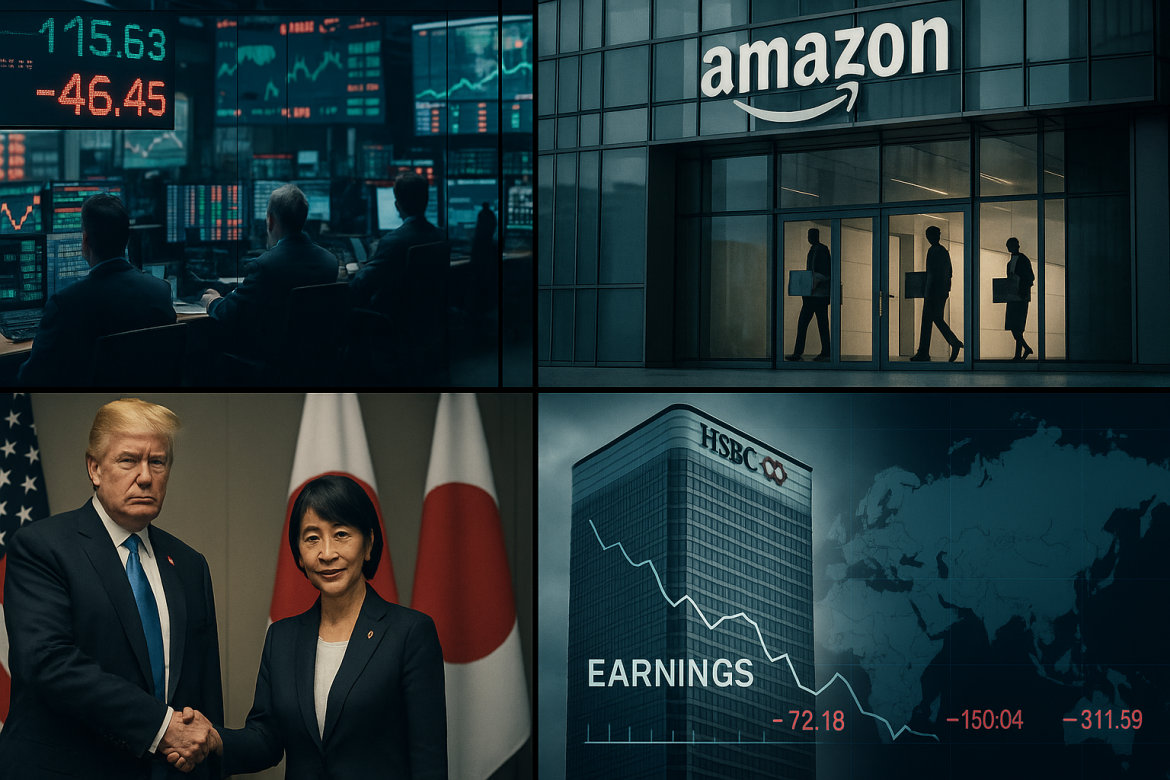 A busy global news cycle is unfolding across markets, geopolitics, and corporate earnings this morning.Amazon is preparing what could be its largest-ever round of layoffs. Trump met Japan’s new prime minister in Tokyo for high-stakes talks.HSBC reported softer quarterly profits amid a major legal hit, and Asian stocks cooled from record highs as investors brace for central bank decisions and fresh signals from Washington and Beijing.<strong>A glance at the major developments this morning.</strong>Amazon’s biggest layoffs<a href="https://invezz.com/news/2025/10/28/amazon-prepares-for-one-of-techs-biggest-layoffs-ever-heres-what-to-know/">Amazon is about to carry out what could be the biggest round of corporate layoffs</a> in its history, starting as soon as Tuesday.The company is expected to cut up to 30,000 corporate roles, which amounts to roughly 10% of its white-collar staff of 350,000.The cuts won’t be limited to one corner of the business. Teams across HR, operations, its devices and services units, and even Amazon Web Services are expected to feel the impact.Ahead of the announcement, managers were reportedly briefed on how to communicate the news to their teams.Amazon’s leadership is framing the move as part of a larger cost-cutting strategy, a correction after what they see as pandemic-era overhiring.The company has also been leaning heavily into automation initiatives under CEO Andy Jassy, and some of those efficiency pushes are believed to be driving these job reductions as well.Trump meets Japan PMUS President Donald Trump met with Japan’s new Prime Minister, Sanae Takaichi, in Tokyo for their first round of high-level talks.The discussion centered on trade, defense, and how the two countries can work more closely in the region.During the meeting, the two leaders signed a new framework aimed at securing access to critical minerals and rare earth materials, a move meant to stabilize supply chains as China tightens its export rules.Takaichi, who has made history as Japan’s first female prime minister, told Trump she plans to raise Japan’s defense spending to 2% of GDP.She also laid out a sweeping $550 billion investment package that includes deals tied to U.S. shipbuilding, soybeans, and natural gas.In a notable gesture, she also said she intends to nominate Trump for the Nobel Peace Prize.HSBC Q3 earningsHSBC posted a profit before tax of $7.3 billion for the third quarter of 2025, about $1.2 billion less than the same period last year.A big chunk of that drop came from a $1.1 billion provision tied to litigation related to the Madoff case.On the upside, revenue for the quarter climbed 5% to $17.8 billion, thanks to solid results from its Wealth business and Commercial Banking.That growth helped offset rising costs from tech investments and inflation.The bank’s net interest margin landed at 1.57%, and its core capital ratio (CET1) remained strong at 14.5%.Despite the legal hit, HSBC’s board kept the interim dividend unchanged and reiterated its commitment to returning capital to shareholders.Analysts generally viewed the results as a sign of resilience given the legal overhang and choppy market conditions.Asian markets slipAsian markets pulled back on Tuesday after recently hitting record highs, as traders digested US President Trump’s meeting with Japan’s new Prime Minister Sanae Takaichi and looked ahead to major central bank decisions.Japan’s Nikkei 225 slipped about 0.57%, South Korea’s Kospi dropped 1.4%, while Hang Seng futures were just slightly above their previous close.Mainland China was the bright spot as the Shanghai Composite climbed to a decade high, fueled by optimism that US–China trade talks could resume later this week.Investors are keeping a close eye on a few big moving pieces now: earnings from major tech firms, the next signals from the Federal Reserve on interest rates, and any concrete outcomes from Trump’s diplomatic push in the region.The post <a href="https://invezz.com/news/2025/10/28/morning-brief-amazon-plans-record-layoffs-trump-meets-japans-pm-hsbc-profit-falls/">Morning brief: Amazon plans record layoffs, Trump meets Japan’s PM, HSBC profit falls</a> appeared first on <a href="https://invezz.com/">Invezz</a> Morning brief: Amazon plans record layoffs, Trump meets Japan’s PM, HSBC profit falls